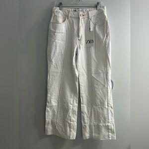 NWT Zara CROP WIDE LEG FRONT SEAM CONTRAST WHITE JEAN